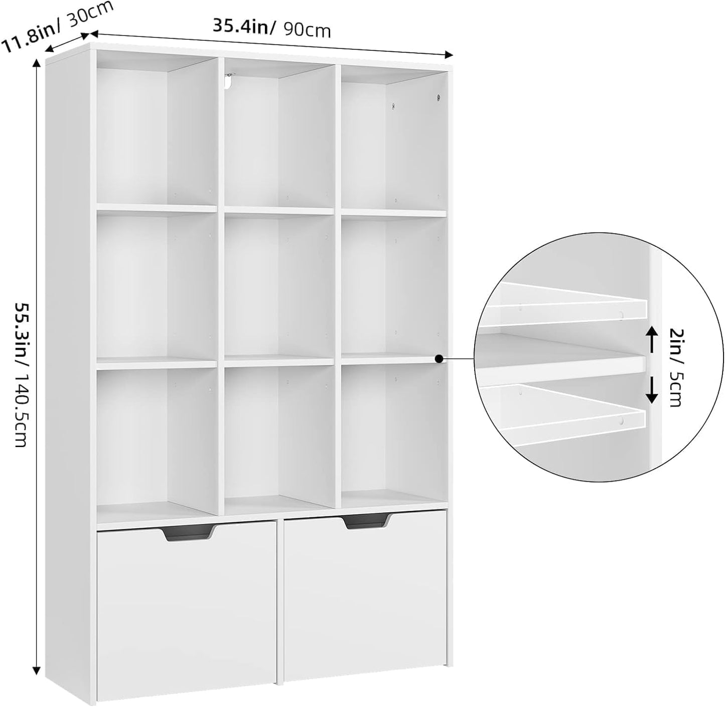 GarveeHome 55 Inches Tall Bookcase with 2 Drawers, Open Storage Bookshelf with 4 Tier Adjustable Shelves, Large Open Book Cabinet Standing for Home Office, White