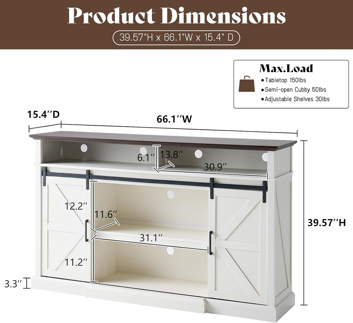 66" Farmhouse TV Stand for 75 Inch TVs, 40" Tall Entertainment Centere with Sliding Barn Doors, Rustic Media Console Table Storage Cabinet with Adjustable Shelves, Living Room, Antique White