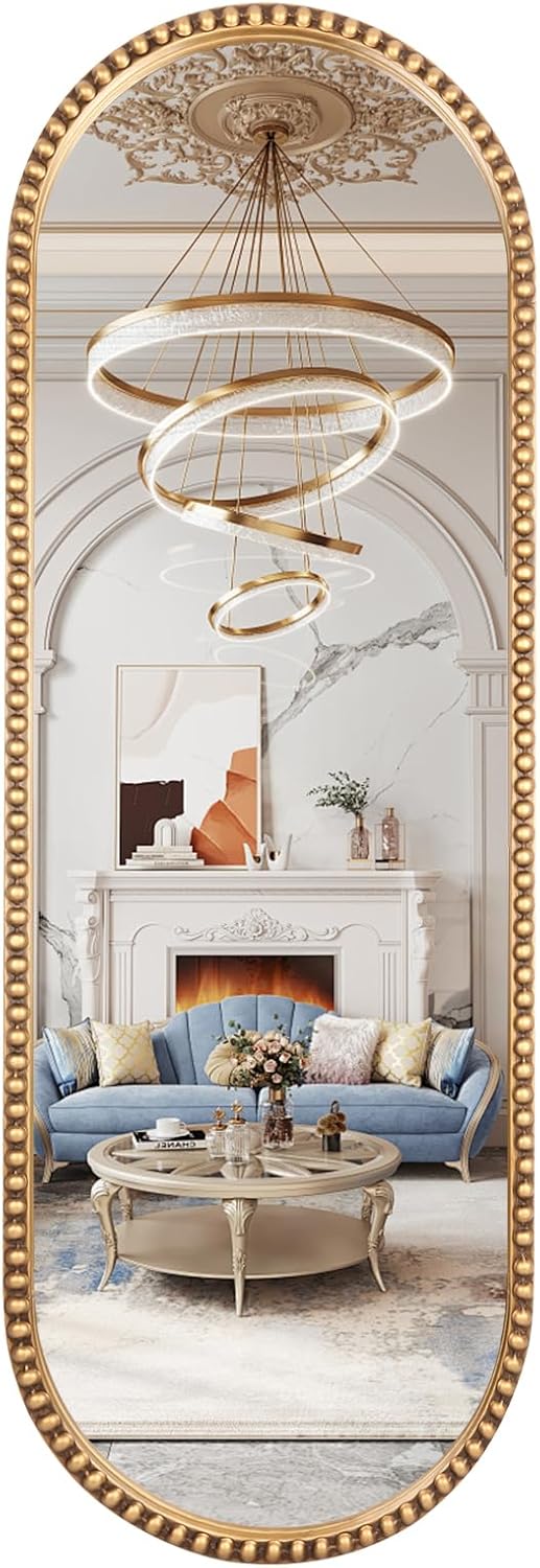 Oval Full Length Mirror, 20"x53" Metal Beaded Frame Large Hanging Dressing Floor Mirror for Bedroom, Living Room, Entryway, Antique Gold (No Stand)