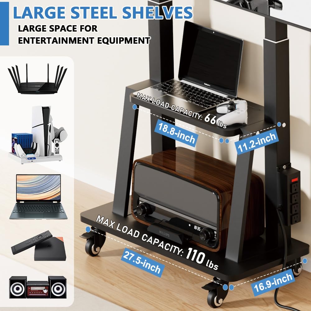 Mobile TV Cart with Power Outlet, Rolling TV Stand on Wheels for 32 to 65 70 75 83 inch TV, Height Adjustable,Holds up to 130LBS, Vesa 600×400mm.