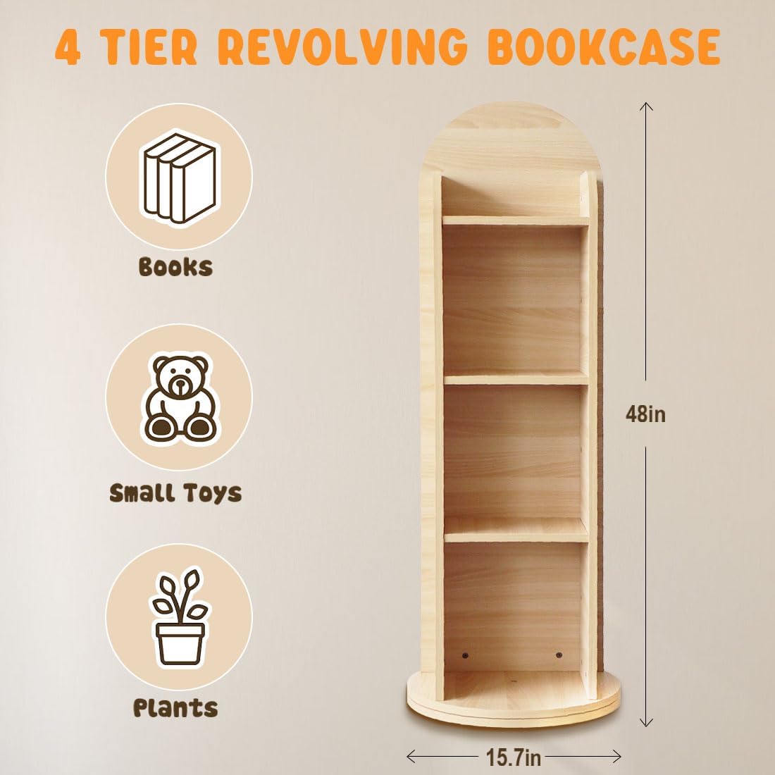 DELEMODUO Kids Rotating Bookshelf with Mirror, 48inch Wood Stading Floor Bookshelf for Small Space, 4 Tier Floor Standing Bookcase Storage Rack for Bedroom, Living Room, Study Room