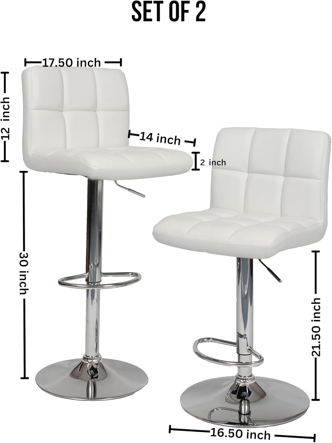 Roundhill Swivel PU Leather Adjustable Hydraulic Bar Stool, White, Set of 2
