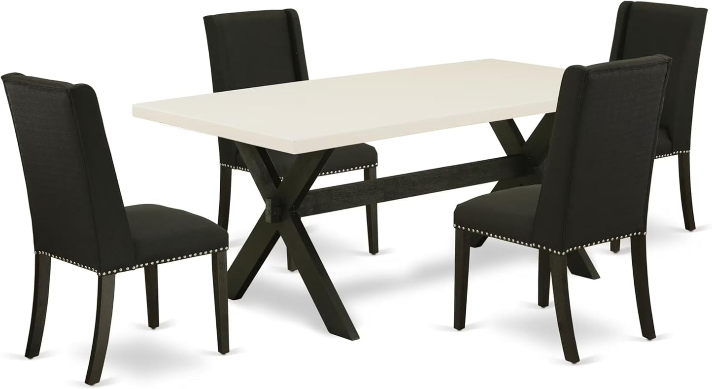 East West Furniture X627FL624-5 5 Piece Dining Set Includes a Rectangle Dining Room Table with X-Legs and 4 Black Linen Fabric Upholstered Parson Chairs, 40x72 Inch, Multi-Color