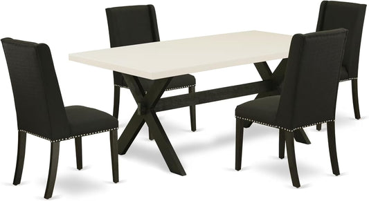East West Furniture X627FL624-5 5 Piece Dining Set Includes a Rectangle Dining Room Table with X-Legs and 4 Black Linen Fabric Upholstered Parson Chairs, 40x72 Inch, Multi-Color