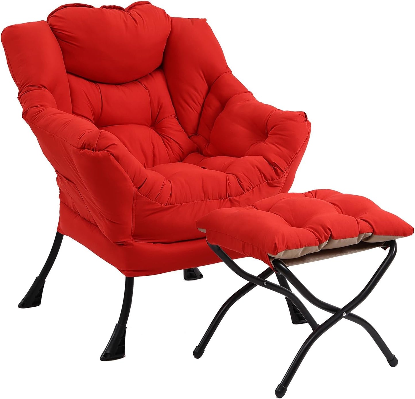 Lazy Chair with Ottoman, Modern Accent Chair Contemporary Lounge Leisure Sofa Chair with Armrests, Reading Chair and Folding Footstool Set for Living Room, Bedroom, Office, Red
