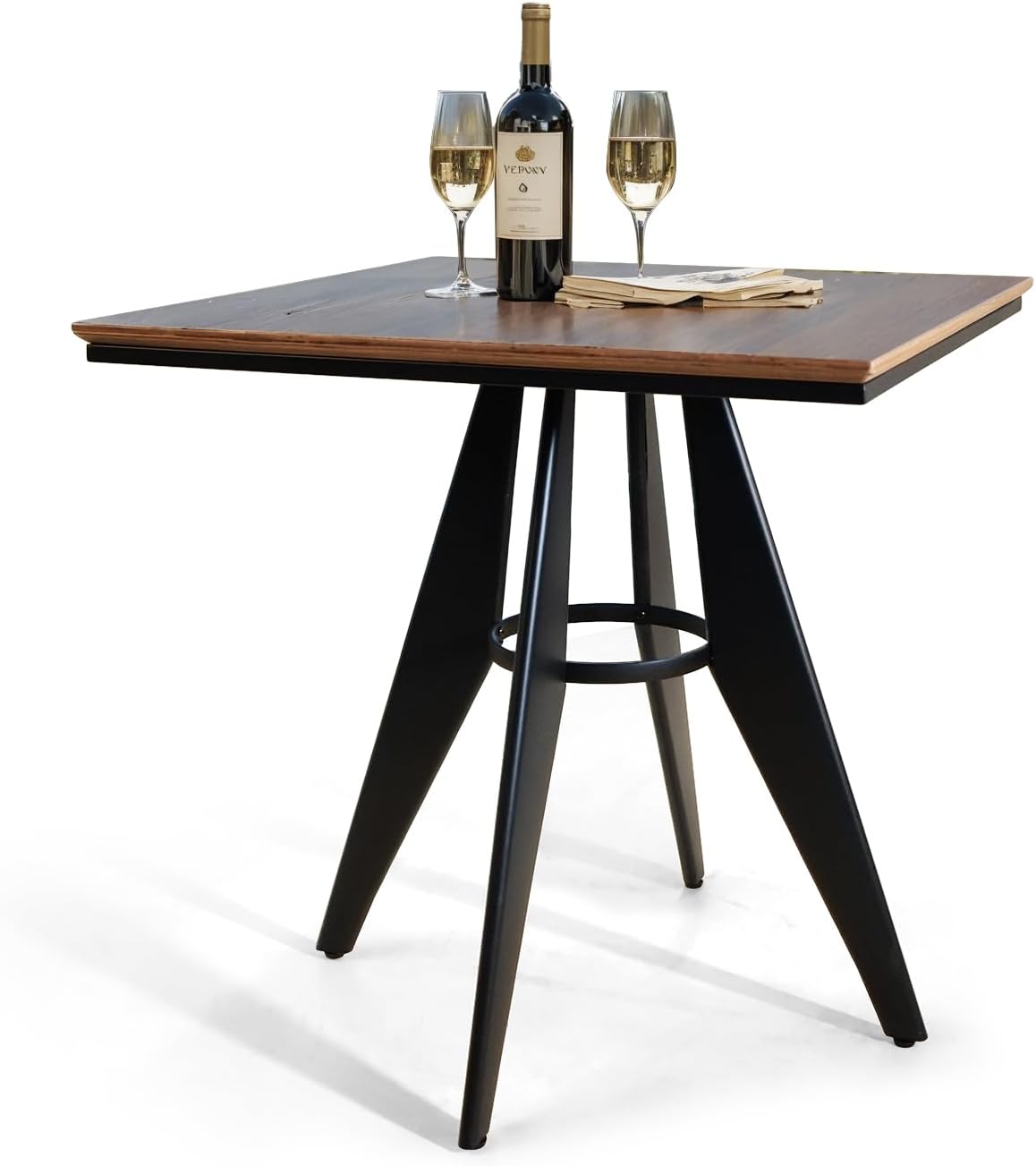 Square Cafe Table - 23.62" Oak Wood Top, Metal Frame, 28.15" High, Modern Industrial Dining Table for Kitchen, Home Office, Bistro, Compact for Space Saving