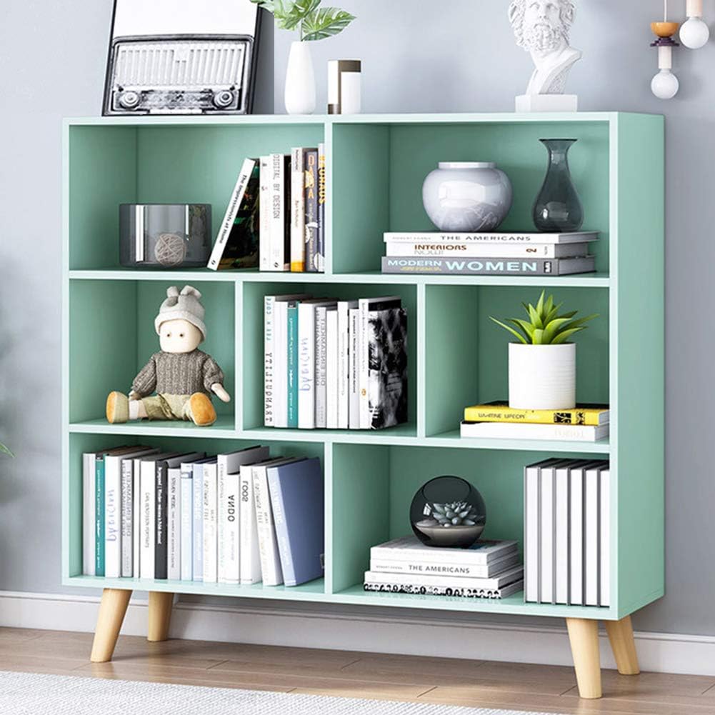 IOTXY Wooden Open Shelf Bookcase - 3-Tier Floor Standing Display Cabinet Rack with Legs, 7 Cubes Bookshelf, Tiffany-Green