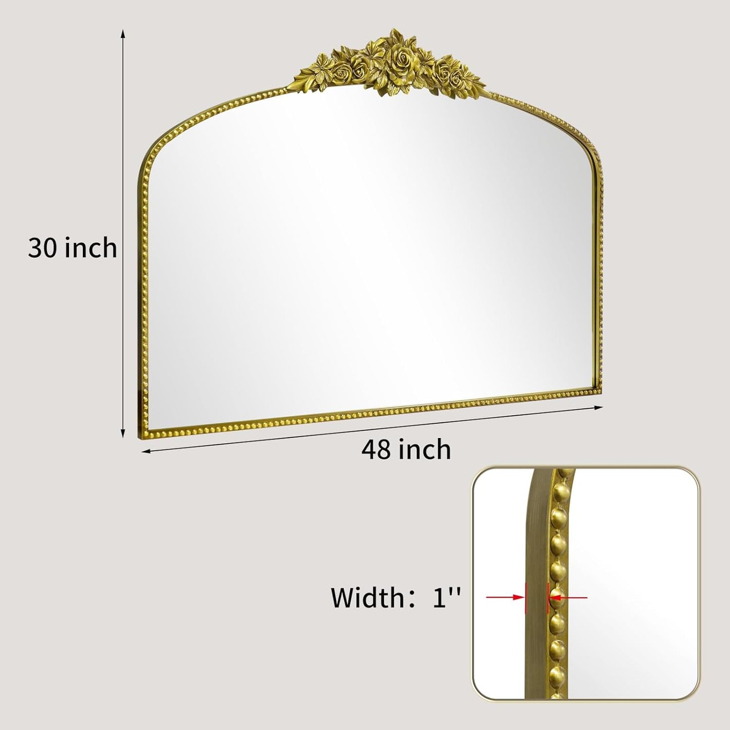 Antique Gold Arch Wall Mirror, 48"x30" Traditional Vintage Mantel Mirror with Ornate Metal Frame, Baroque Victorian Mirror for Fireplace/Entryway/Bathroom/Living Room/Dining Room