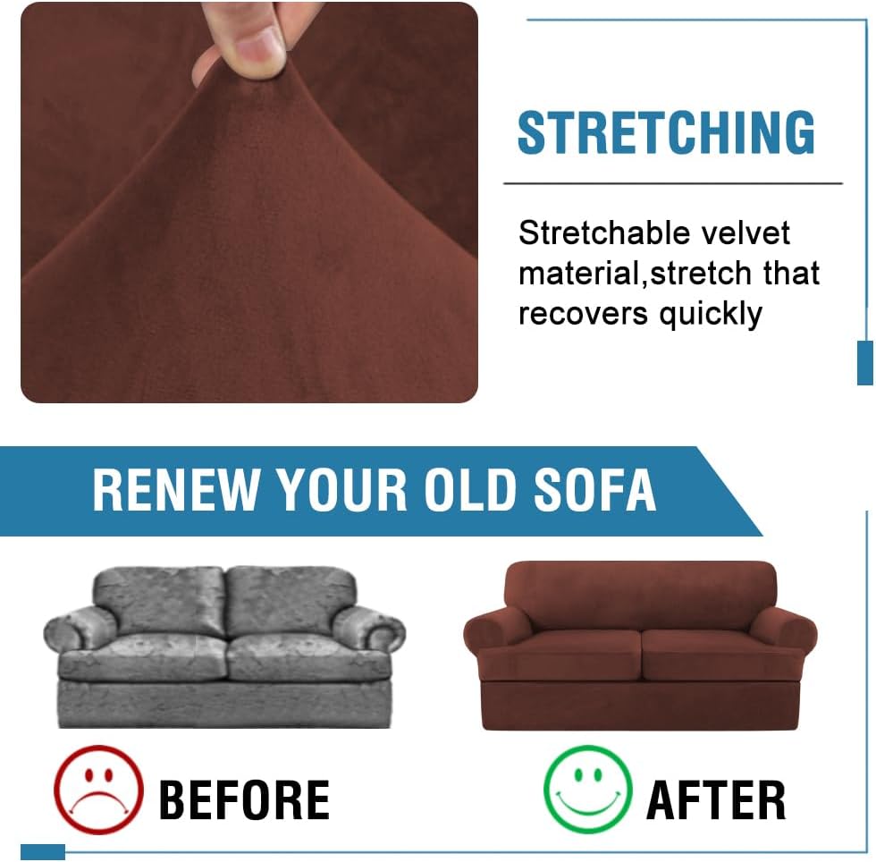 H.VERSAILTEX Sofa Cover 3 Piece T Cushion Sofa Slipcovers Thick Velvet Couch Cover Stretch T Cushion Sofa Covers for 2 Cushion Couch with 2 Individual T Cushion Covers, Burnt Brick