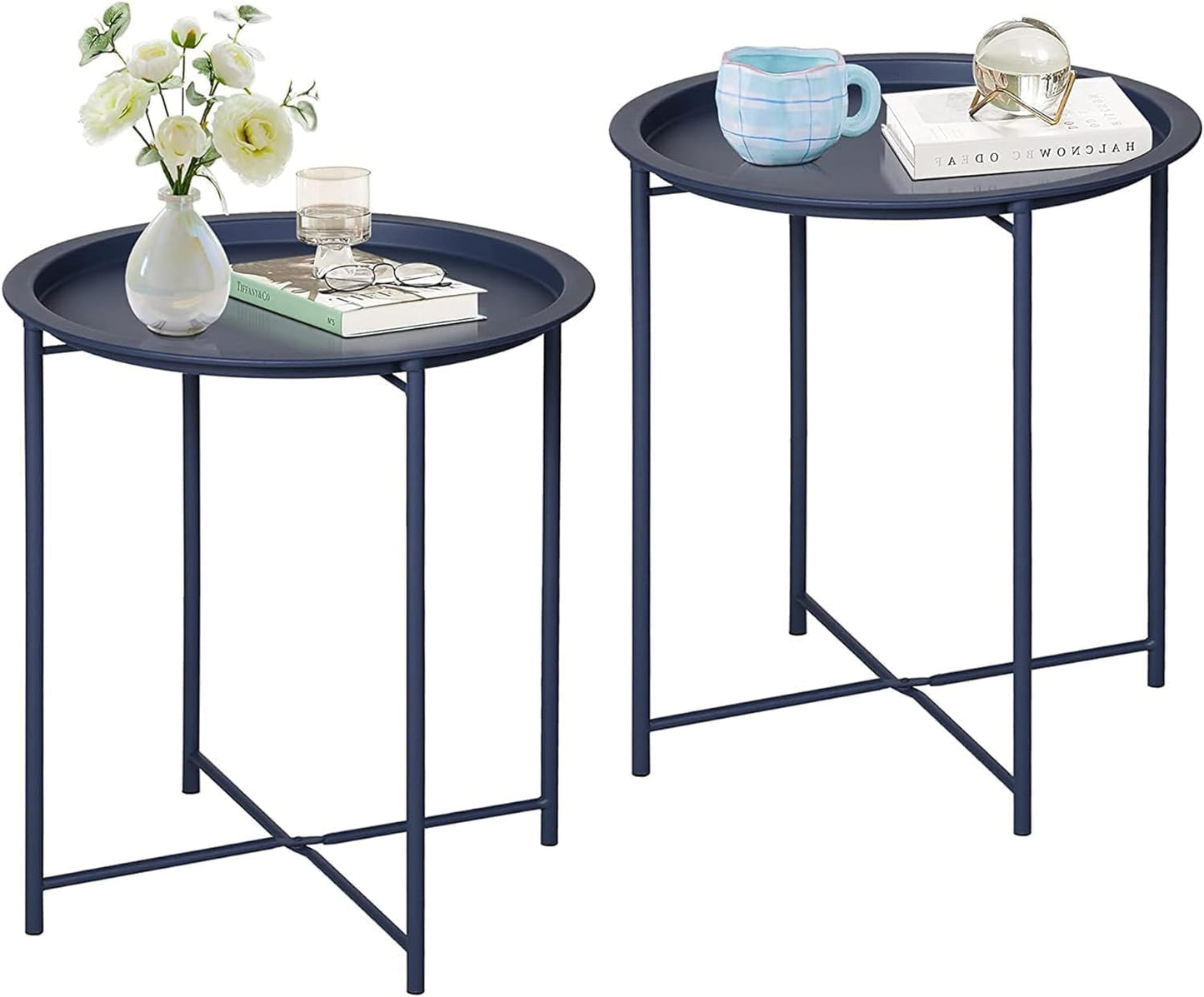 VECELO Side/End Table, Folding Round Metal Anti-Rust and Waterproof Outdoor or Indoor Tray for Living Room Bedroom Balcony and Office, 2 PCS, Blue