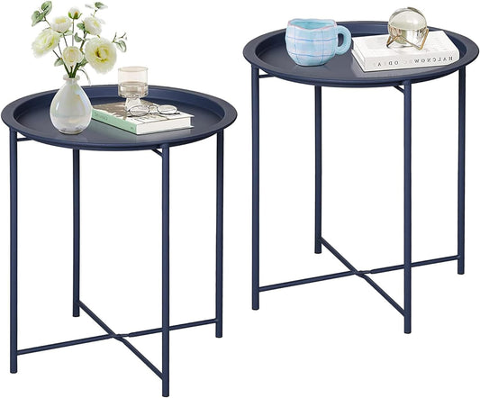 VECELO Side/End Table, Folding Round Metal Anti-Rust and Waterproof Outdoor or Indoor Tray for Living Room Bedroom Balcony and Office, 2 PCS, Blue