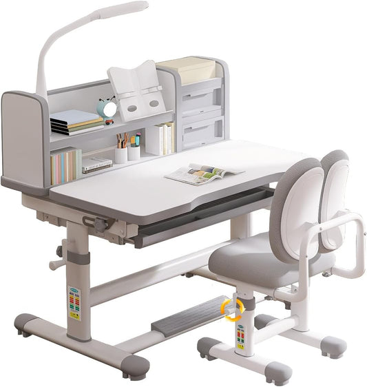 Kids Functional Study Desk and Chair Sets Ergonomic Height Adjustable Children School Study Desk 3-18 Years Boy and Girl Study Table and Chair Set with Tilt Desktop,LED Light for Reading,Writing