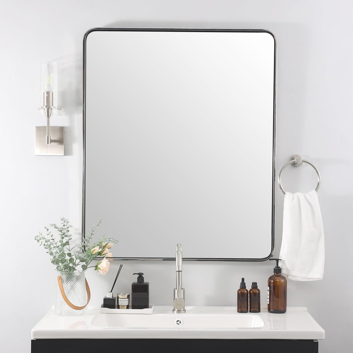 ANDY STAR Chrome Bathroom Mirror, 30x36’’ Rounded Rectangle Mirror Polished Silver Bathroom Vanity Mirror Metal Framed, SUS304-Anti-Rust, Tube Frame, Wall-Mounted Horizontal/Vertical 1’’ Deep