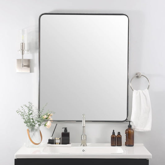 ANDY STAR Chrome Bathroom Mirror, 30x36’’ Rounded Rectangle Mirror Polished Silver Bathroom Vanity Mirror Metal Framed, SUS304-Anti-Rust, Tube Frame, Wall-Mounted Horizontal/Vertical 1’’ Deep