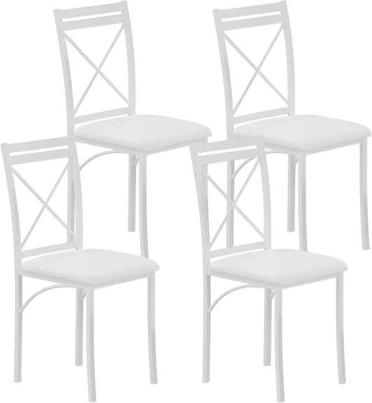 VECELO Metal Dining Chairs Set of 4, Steel Legs and PU Leather Cushion Seats for Kitchen, Living Room, White