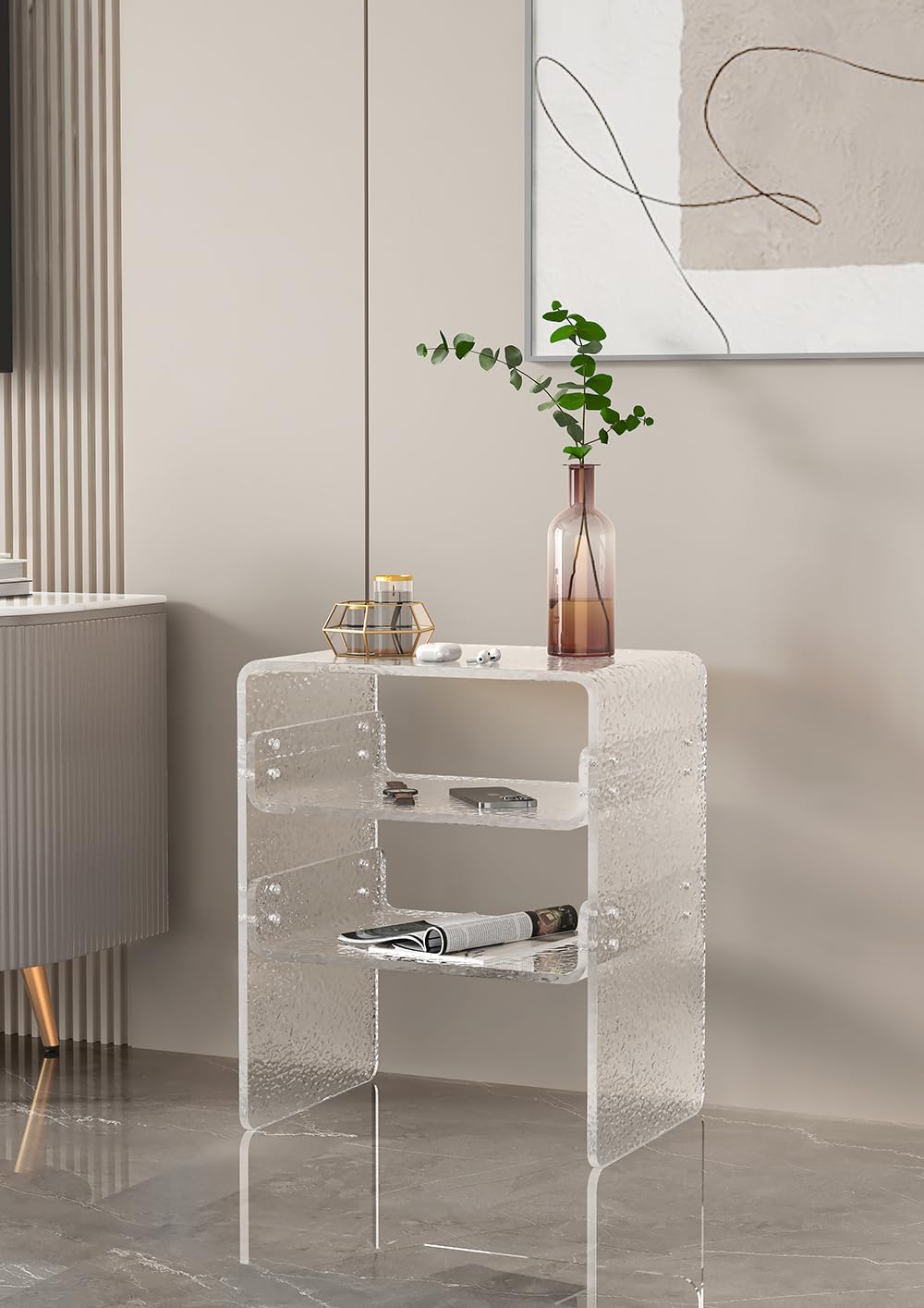 Clear Acrylic 3-Tier End Table/Nightstand – Sleek Bedside Storage with Durable Design, Perfect for Bedrooms, Living Rooms, or Modern Interiors – Ideal as a Bedside Table or Sofa Side Piece Marble
