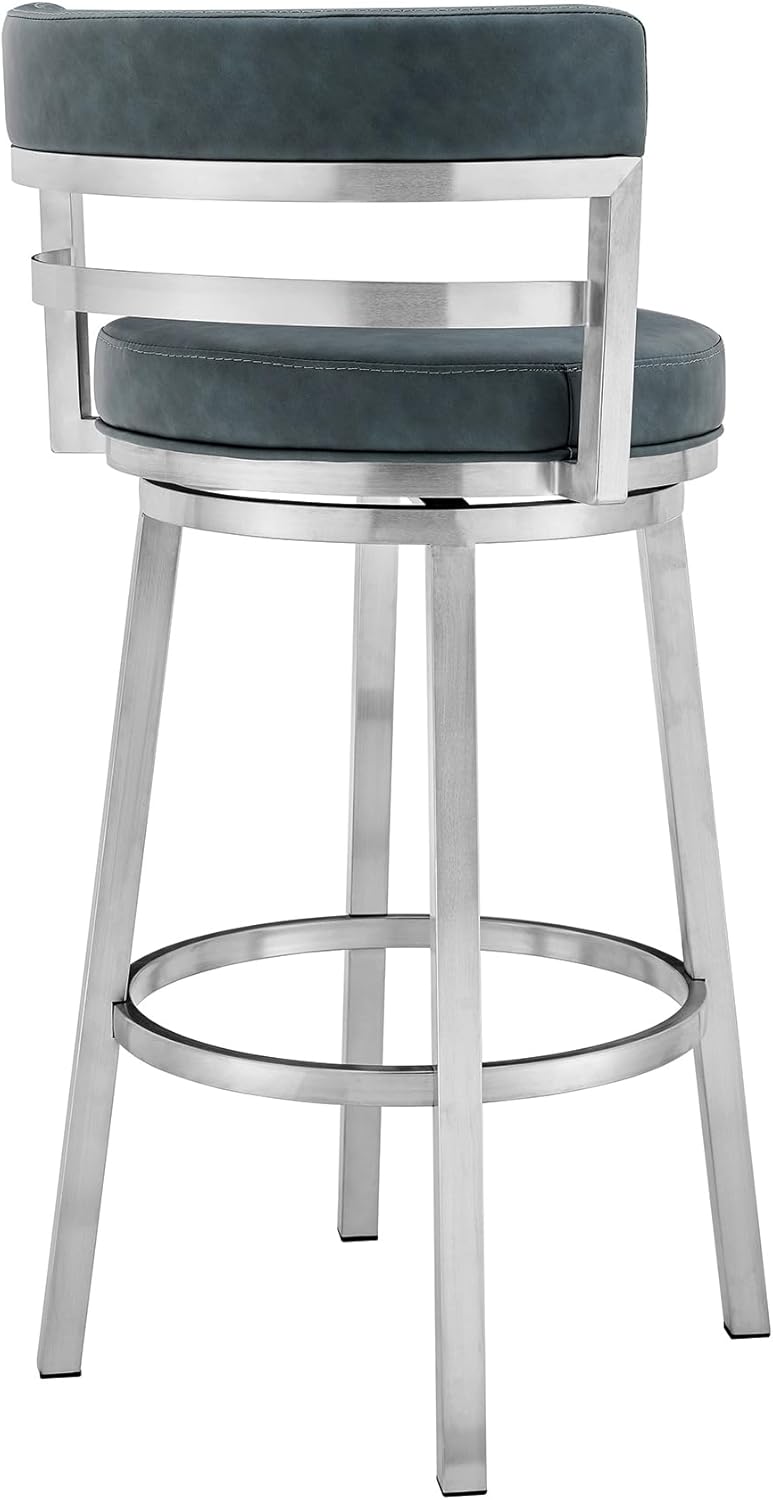 Armen Living Madrid 26" Seat Height Swivel Modern Blue Faux Leather and Brushed Stainless Steel Bar Stool for Kitchen Island Counter