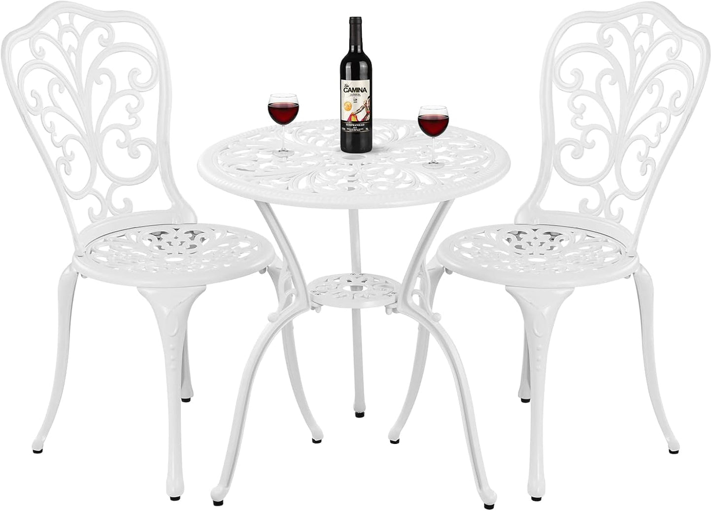 Bistro Set 3 Piece Outdoor Cast Aluminum Patio Bistro Set with Umbrella Hole, All Weather Bistro Table and Chairs Set, Small Patio Furniture Set for Garden, Porch,White