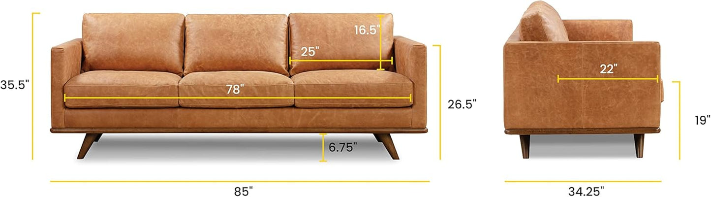 Poly & Bark Nolita Leather Couch - 85-Inch Sofa - Full-Grain Leather Sofa for Living Room with Feather-Down Topper - Living Room Couch - Pure-Aniline Vintage Italian Leather in Cognac Tan
