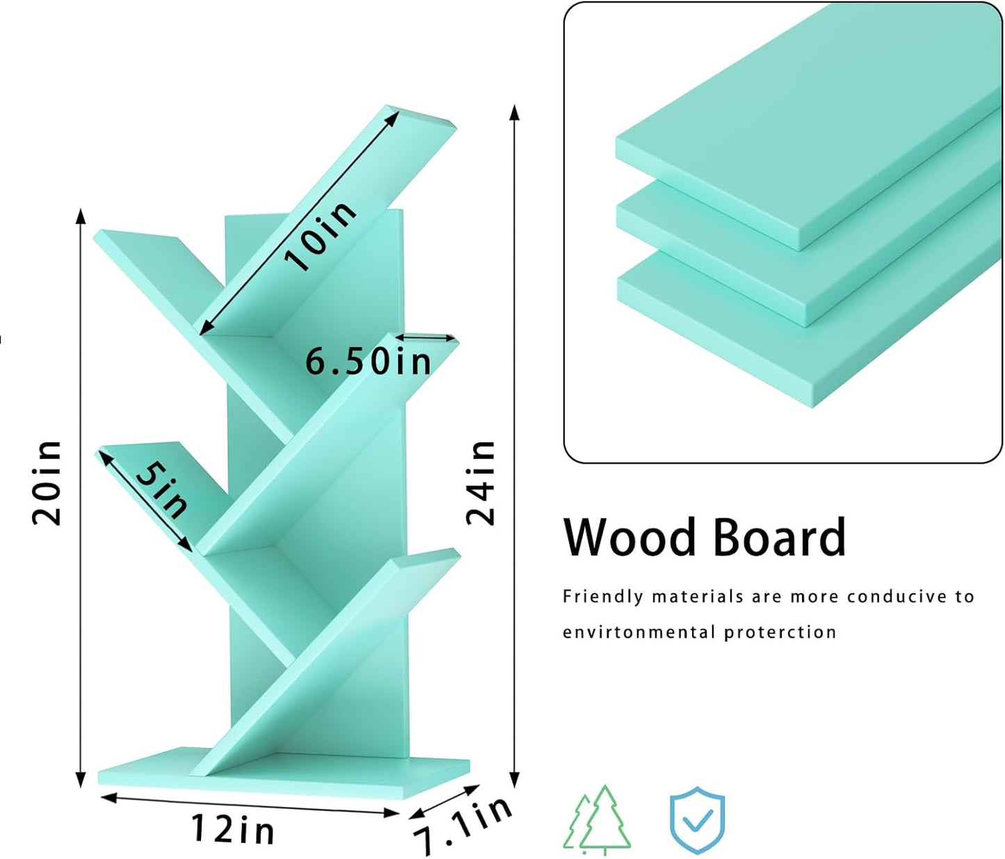 5 Tier Tree Book Shelf, Small Desktop Bookshelf with Storage Organizer, Wood Bookcase, Desk Display Bookshelves, Floor Standing Organizer Bookcases for Living Room,Bedroom,Office-Green