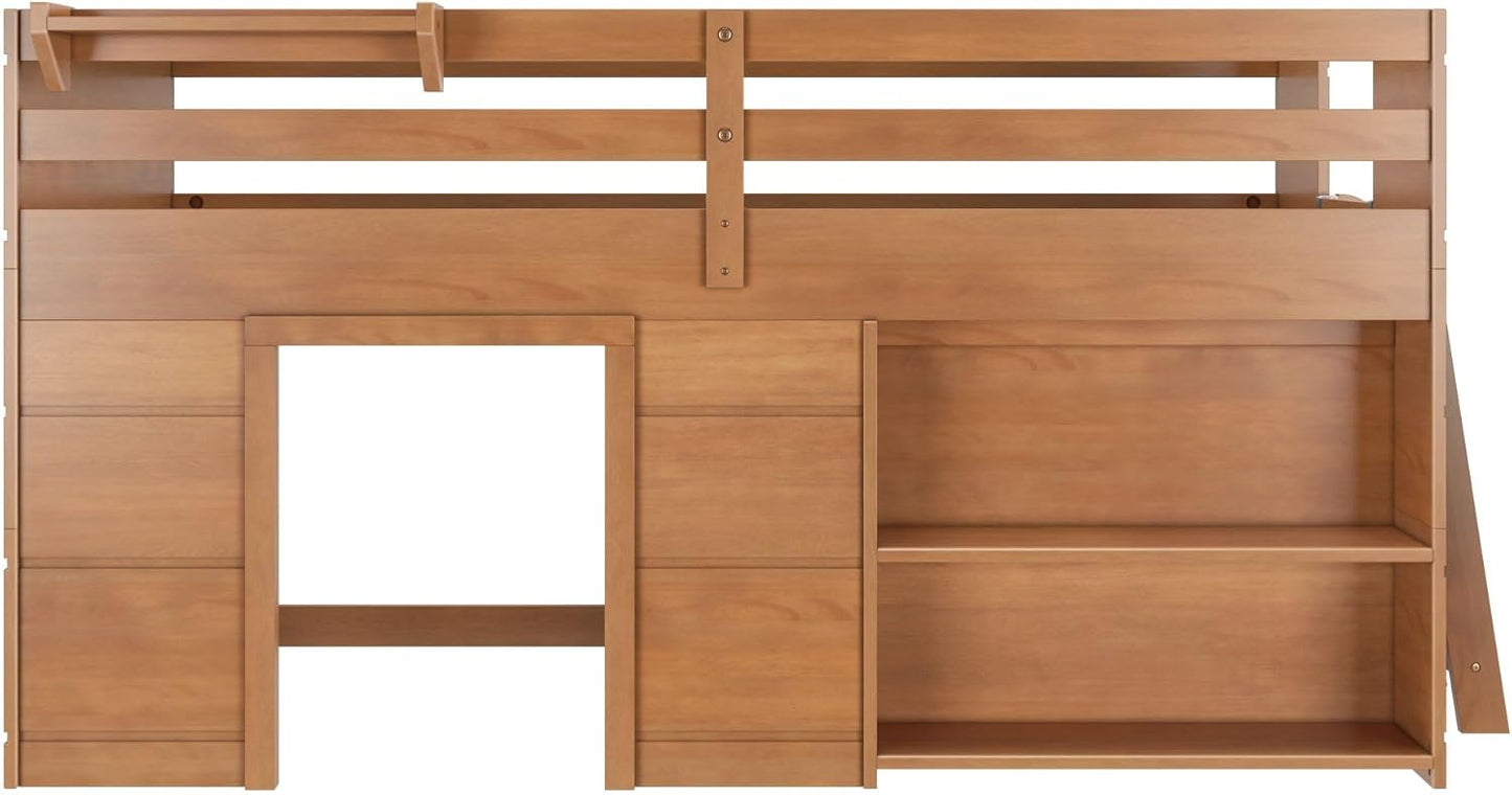 Max & Lily Modern Farmhouse Twin Low Loft Bed with Bookcase - Solid Wood, 15” Guardrails, 400-lb Capacity, Low-VOC Finish, Farmhouse Pecan