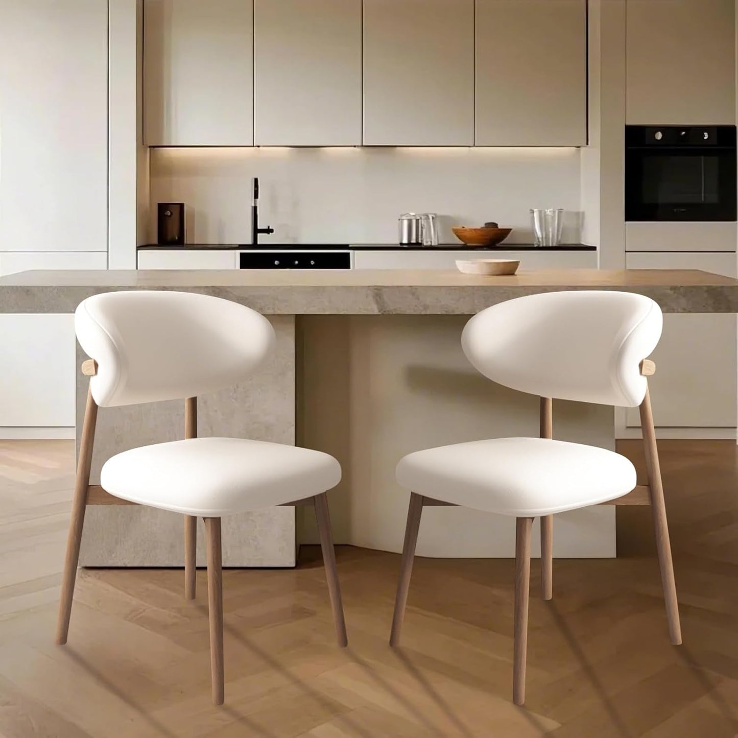 Upholstered Dining Chairs Set of 2,Mid Century Modern Kitchen Chairs with Back and Wood Frame,Faux Leather Dinner Chairs (White + Light Walnut Legs, Set of 2)