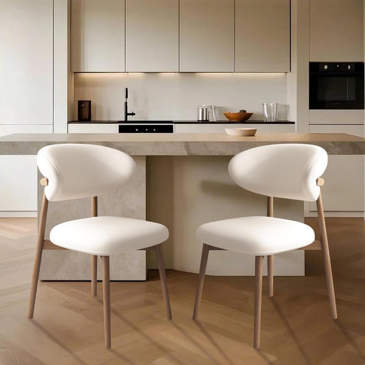 Upholstered Dining Chairs Set of 2,Mid Century Modern Kitchen Chairs with Back and Wood Frame,Faux Leather Dinner Chairs (White + Light Walnut Legs, Set of 2)