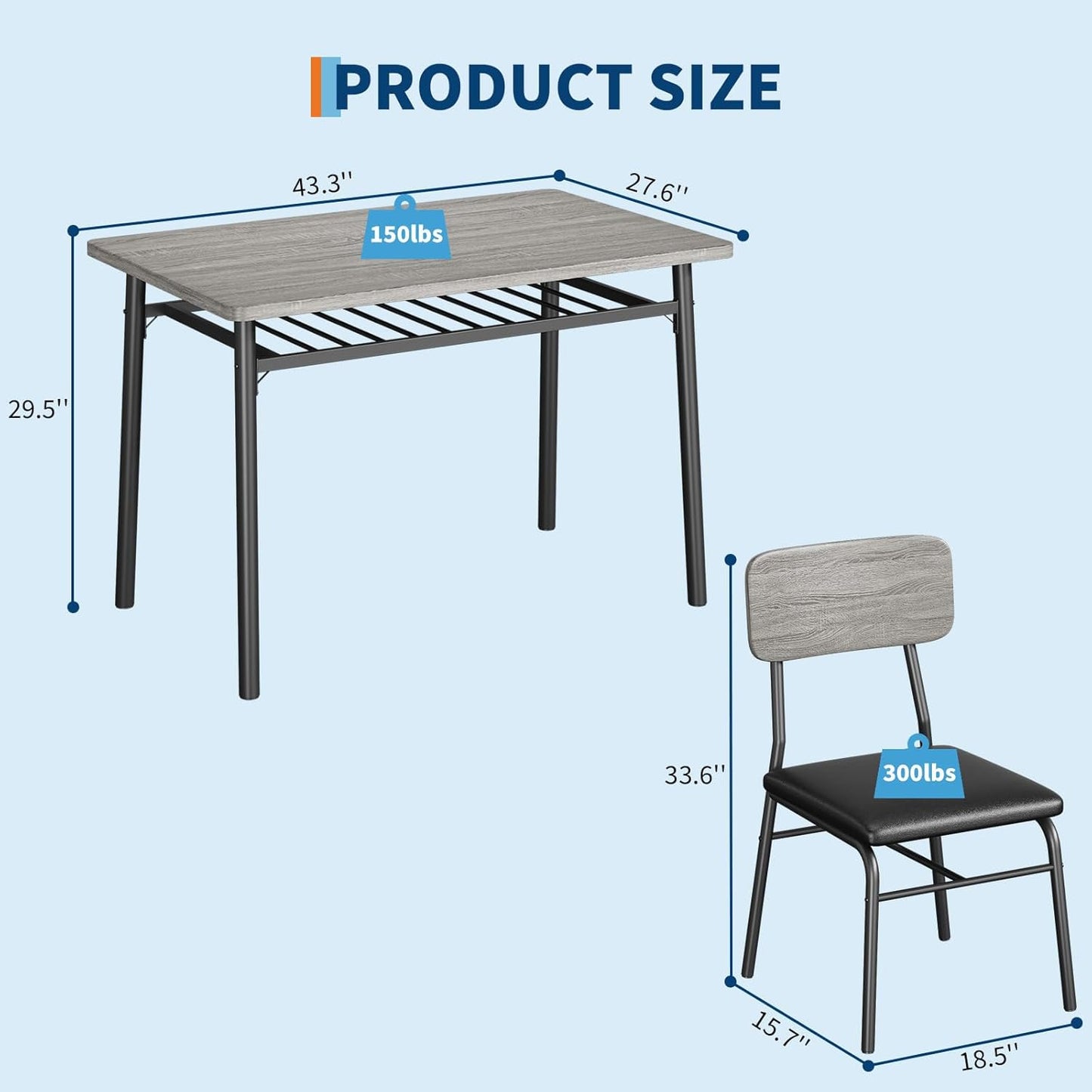 5-Piece Dining Table Set for 4, Wood Kitchen with Built-in Storage Rack, Small Kitchen Table with Upholstered Chairs and Metal Frame for Small Spaces, Gray