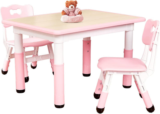FUNLIO Kids Table and 2 Chairs Set for Ages 3-8, Height Adjustable Toddler Table and Chair Set, Easy to Wipe Arts & Crafts Table, for Classrooms/Daycares/Homes, CPC & CE Approved (3pcs Set) - Pink