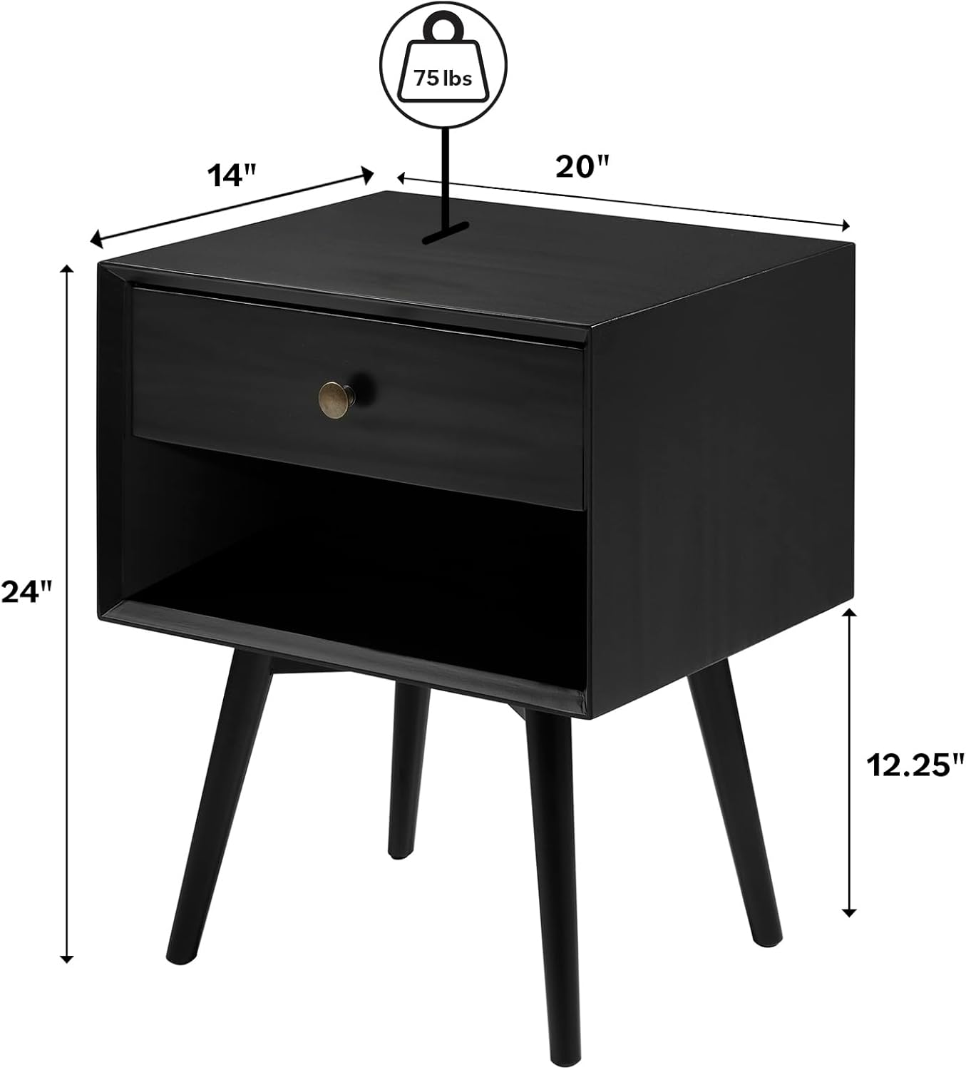 Walker Edison Ella Mid Century Modern 1 Drawer Solid Wood Nightstand, 1 Pack, Black