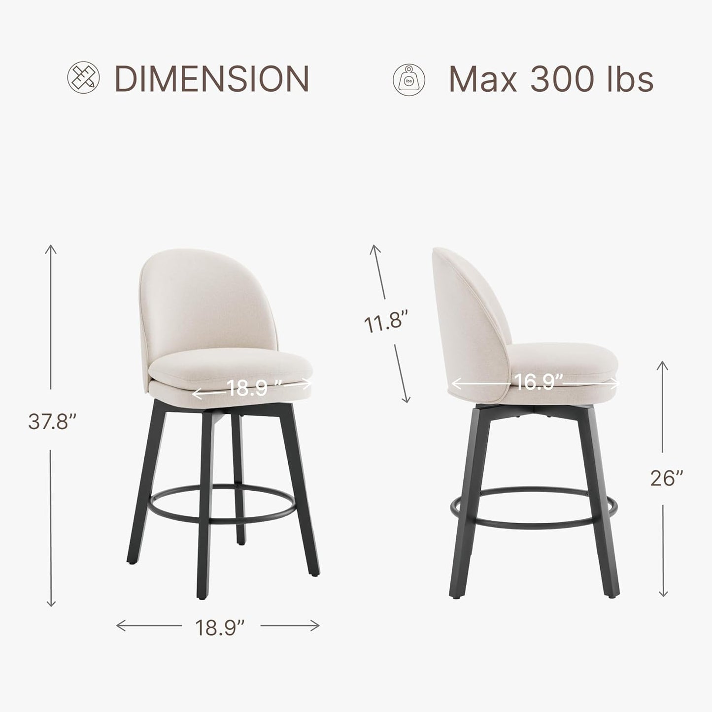 Counter Height Barstools 26 inch Upholstered Swivel Bar Stools with Back and Wood Legs for Kitchen Island,Set of 2,Beige Fabric-Armless