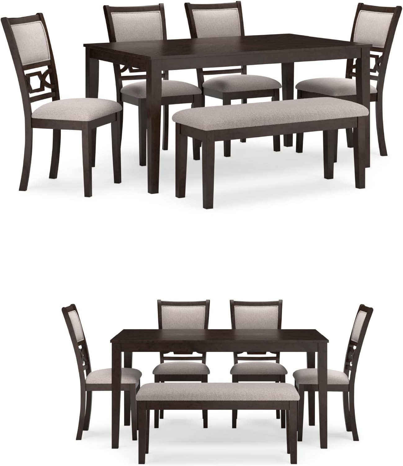 Signature Design by Ashley Langwest Transitional Diamond Patterned Dining Table with 4 Upholstered Chairs and Bench, Set of 6, Dark Brown & Beige