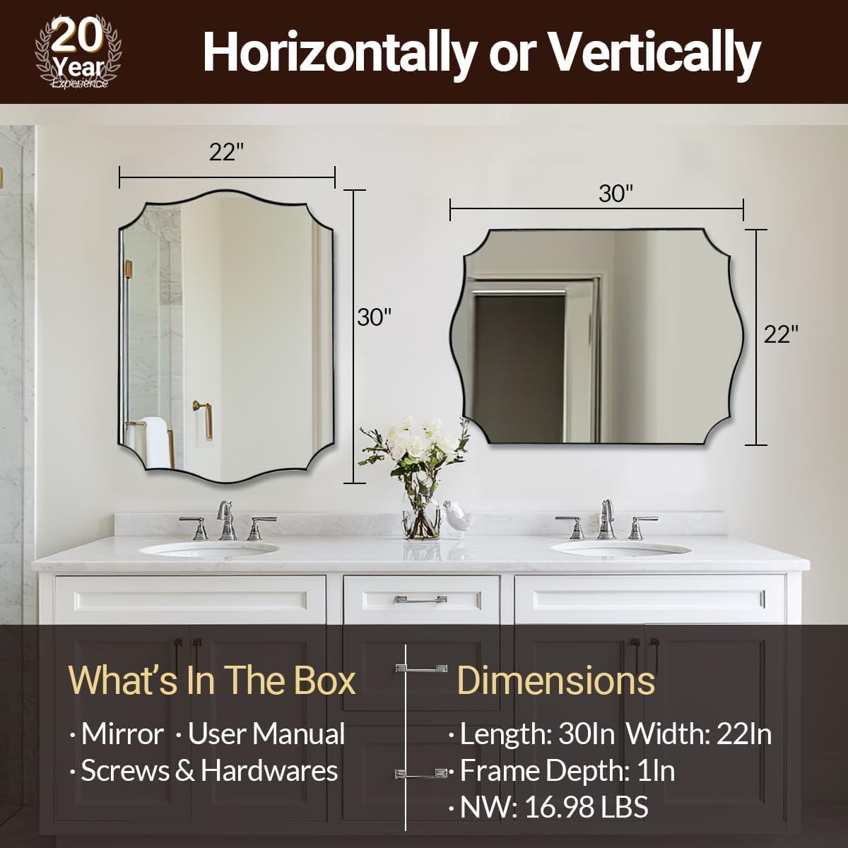 ANDY STAR Brushed Nickel Mirror, 22x30 Inch Silver Bathroom Vanity Mirror, Anti-Rust Stainless Steel 1" Frame, Unique Rectangular Mirror Ideal for Bathroom, Powder Room