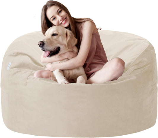 3FT Bean Bag Chair with Ultra Soft Velvet Cover Bean Bag Sofa with Memory Foam Bean Bag Chairs with Large Size Lazy Sofa for Dorm Office Living Room Bedroom Beige 3'