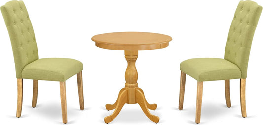 East West Furniture ESCE3-OAK-07 3 Piece Dinette Set for Small Spaces Contains a Round Dining Table with Pedestal and 2 Limelight Linen Fabric Upholstered Chairs, 30x30 Inch, Oak