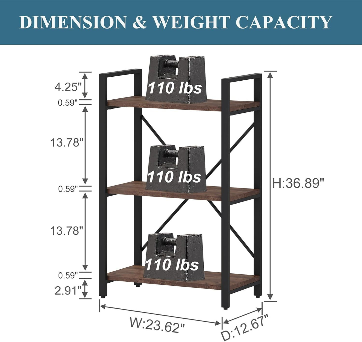 BON AUGURE 3 Tier Industrial Bookshelf, Office Small Open Book Shelf for Small Space, Short Narrow Wooden Etagere Bookcase for Living Room, Bedroom and Kitchen (Rustic Oak)