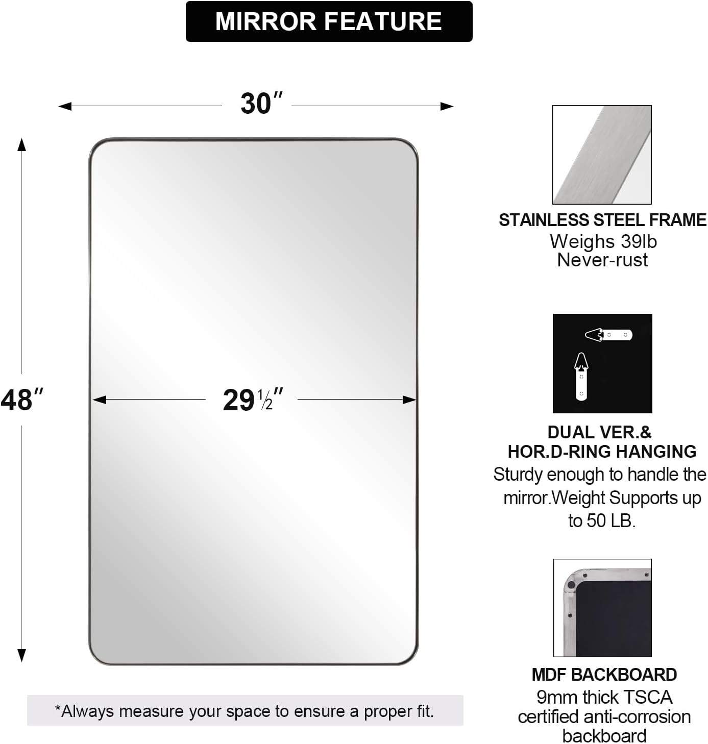 ANDY STAR 30"x48" Brushed Nickel Bathroom Mirror, Large Wall Mirror for Bathroom, Rounded Rectangle Mirror in Premium Stainless Steel Metal Frame Hangs Horizontal Or Vertical