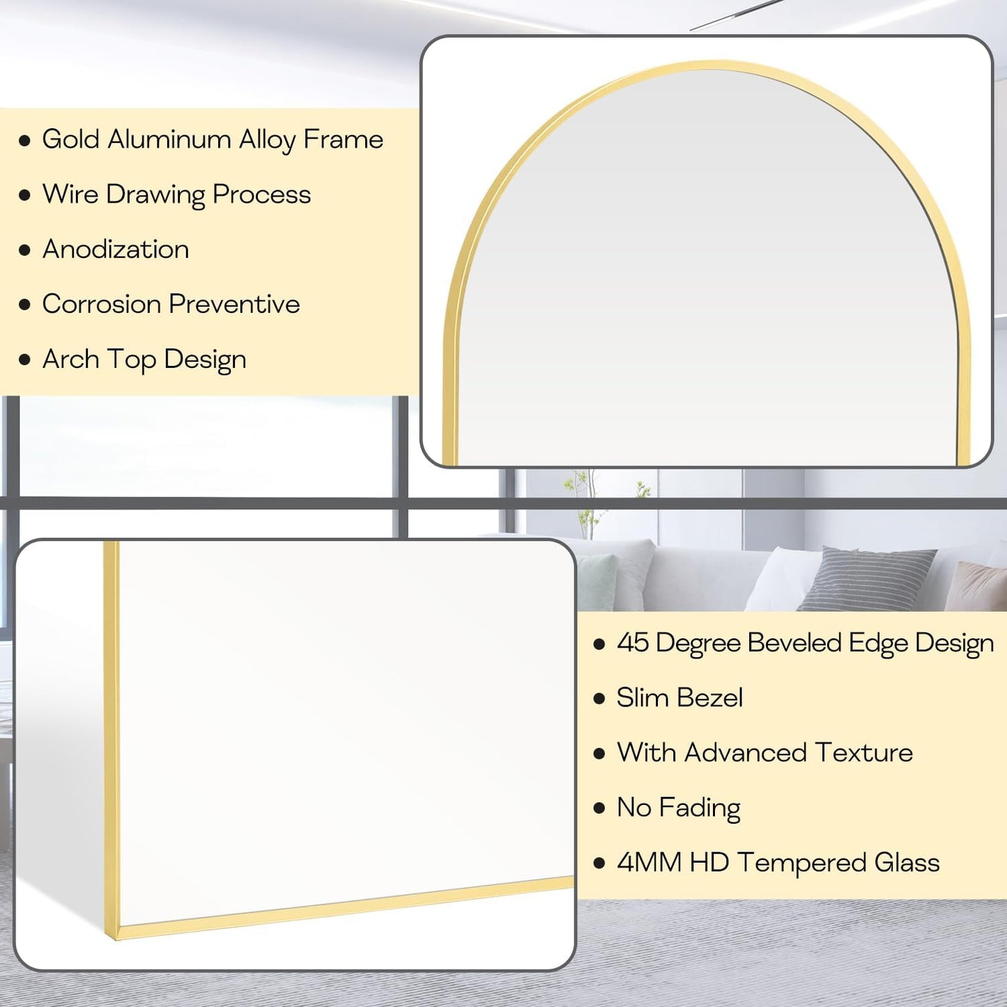 22" x 30" Gold Arched Mirror, Arch Bathroom Vanity Wall Mirror, Modern Aluminum Alloy Metal Frame Arch Mirror for Bathroom, Living Room, Bedroom, Entryway, Tempered Glass, Shatter Proof