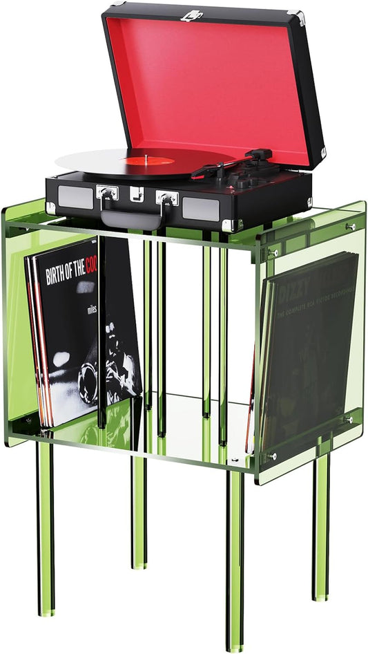 Acrylic Record Player Stand, with Vinyl Storage, Clear Acrylic Side Table, Pink (Green)