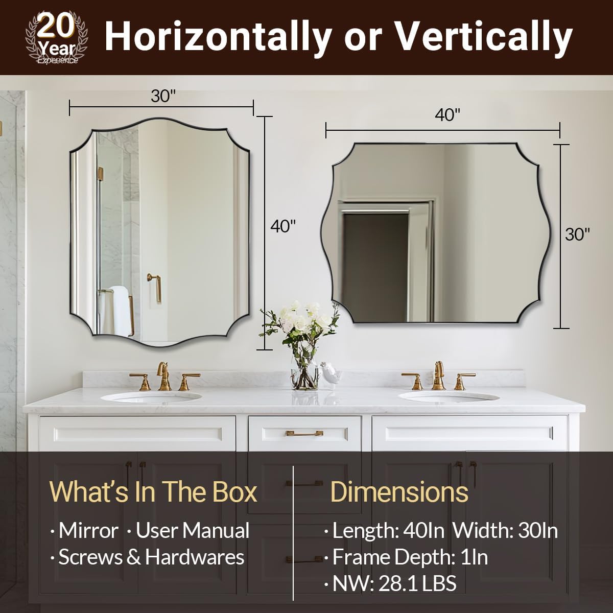 ANDY STAR 30x40 Inch Matte Black Mirror, Large Asymmetrical Wall Mirror in Premium Stainless Steel Metal Thin Frame Deep 1’’, Modern Rectangle Mirror with Unique Wavy Design Ideal for Home Decor