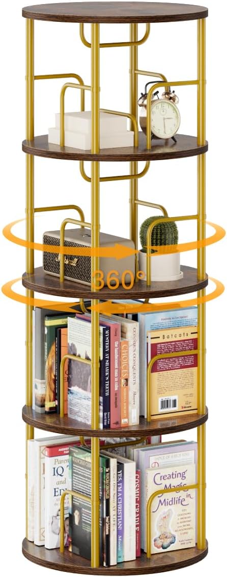 4 Tier Rotating Bookshelf, 360 Display Spinning Corner Bookshelf, Space Saving Metal Frame Bookcase for Living Room, Office, Bedroom, Gold