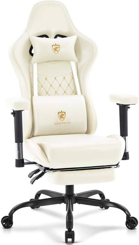 Gaming Chair,Computer Office Chair with Footrest,Massage Lumbar Support and Gel Pad,Ergonomic Reclining Leather Gamer Chair with Headrest,Adjustable Armrests and Spring Cushion Ivory