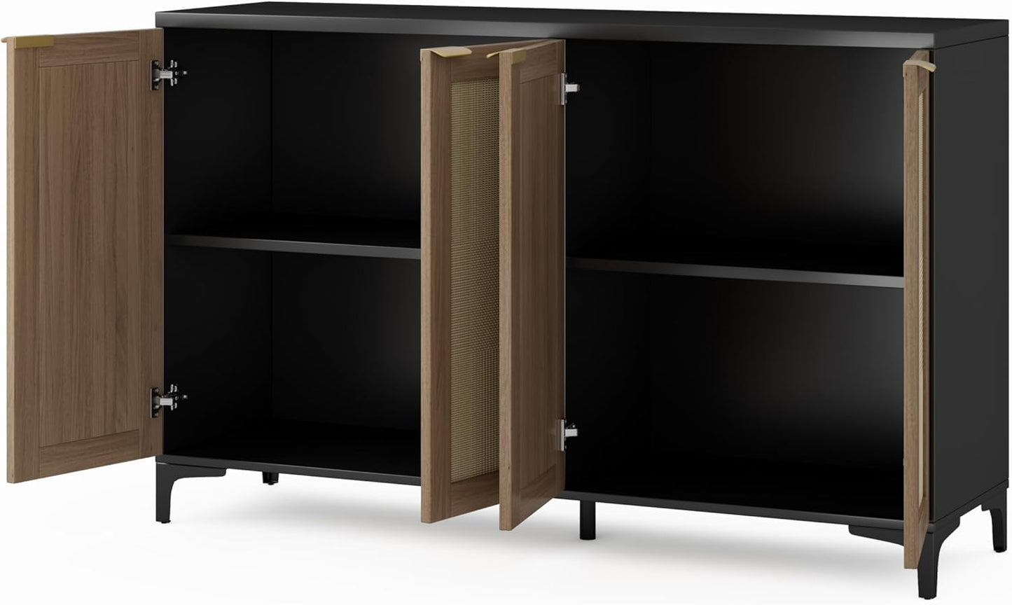 Sideboard Buffet Cabinet with Storage, 4 Doors Rattan Kitchen Cabinet with Adjustable Shelf, Accent Sideboard Entryway Table for Living Room, Black