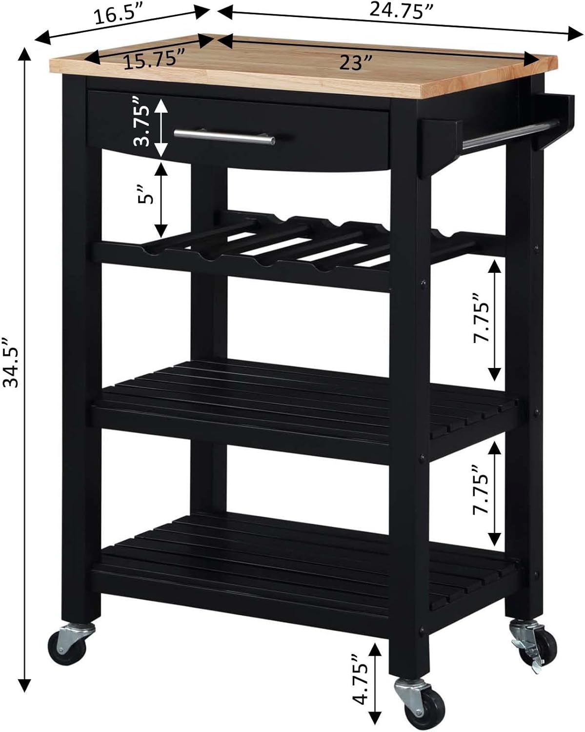 Convenience Concepts Ellaine 4 Tier Kitchen Cart with Drawer and Wine Rack, 24.75", Black/Butcher Block