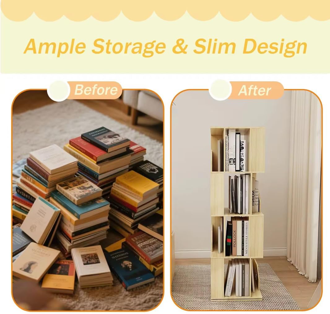 4 Tier Kids Rotating Bookshelf, Premium Pine Wood Space Saving Bookshelf Holds 100+ Books, 360° Spinning, Great for Larger Reads in Kids’ Room, Living Room & Office, Easy to Assemble