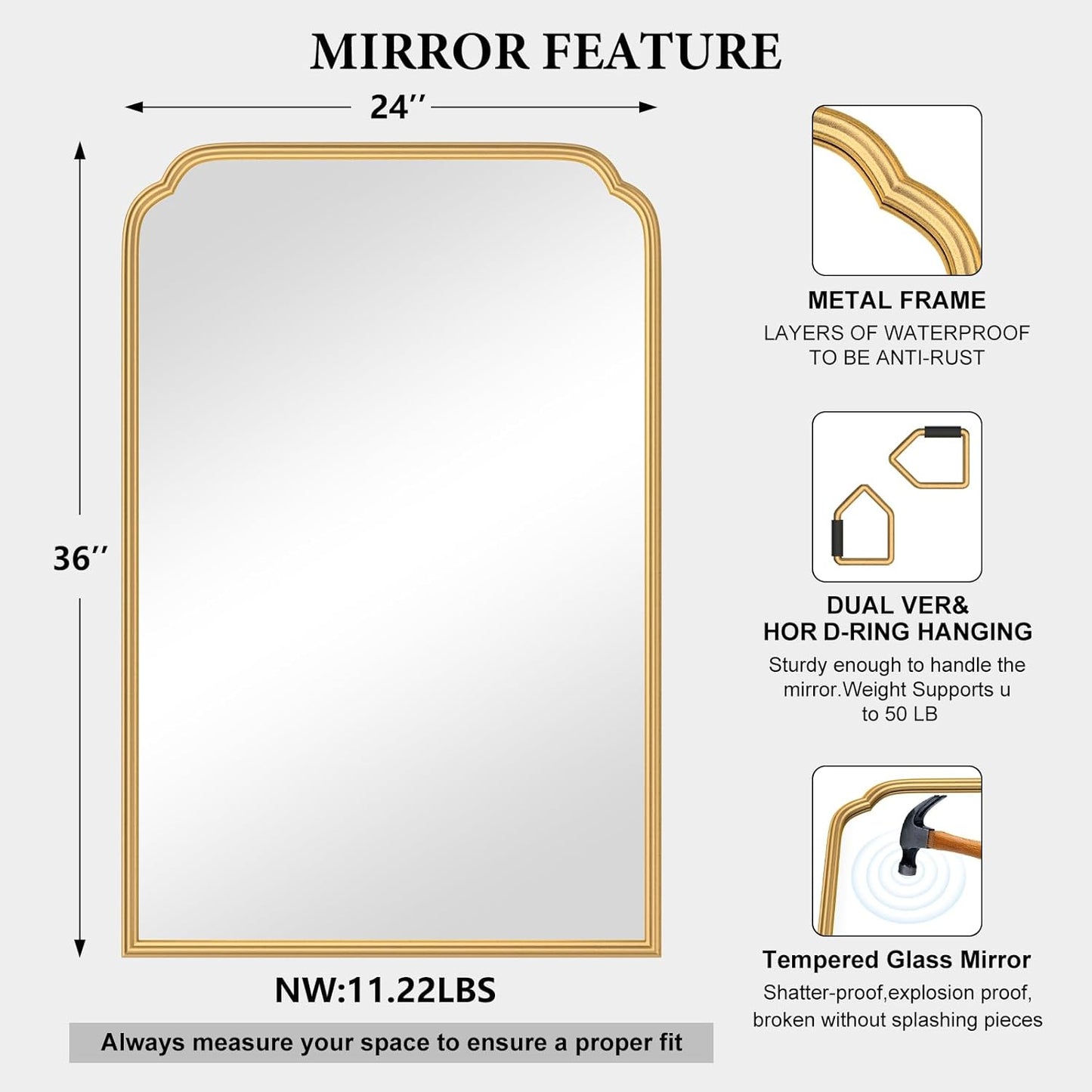 24X36 Inch Gold Mirror for Bathroom, Modern Rounded Corner Rectangle Mirror with Non-Rusting Iron Metal Framed Bathroom Vanity Mirror for Over Sink Wall Decor(Tempered Glass)