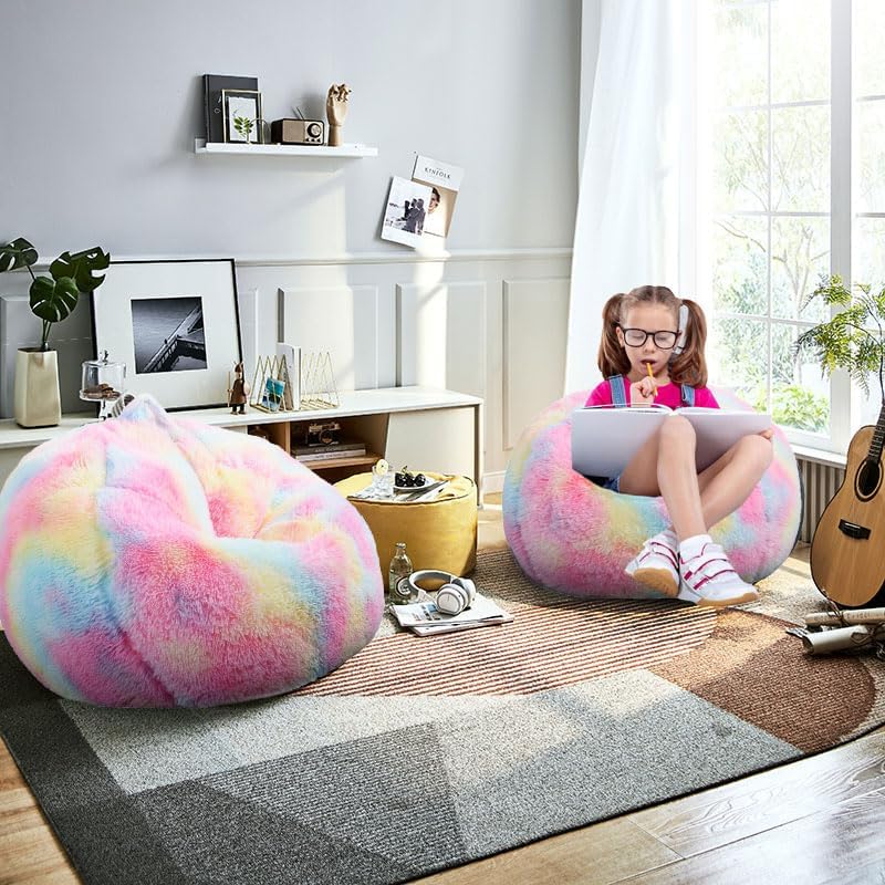 Fluffy Bean Bag Chair, 3FT Round Memory Foam Filled Bean Bag for Teens & Kids, Ultra Soft Faux Fur Fabric Bean Bag Chairs for Playroom, Living Room, Bedroom, Rainbow
