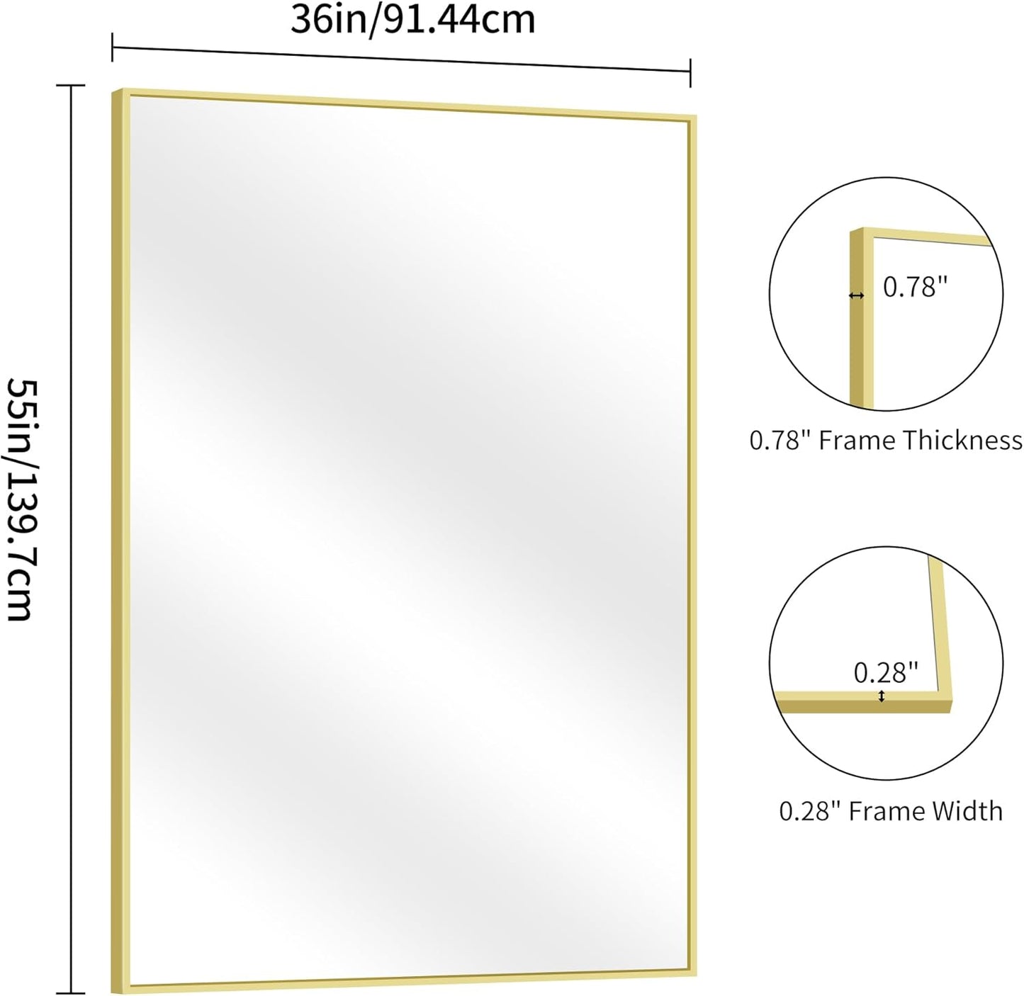 YIROMAN Bathroom Mirror 55"x36", Large Brushed Gold Bathroom Mirror for Over Sink with Aluminum Frame, Rectangular Vanity Mirror with Right Angle, Wall Mirror Hangs Horizontal or Vertical