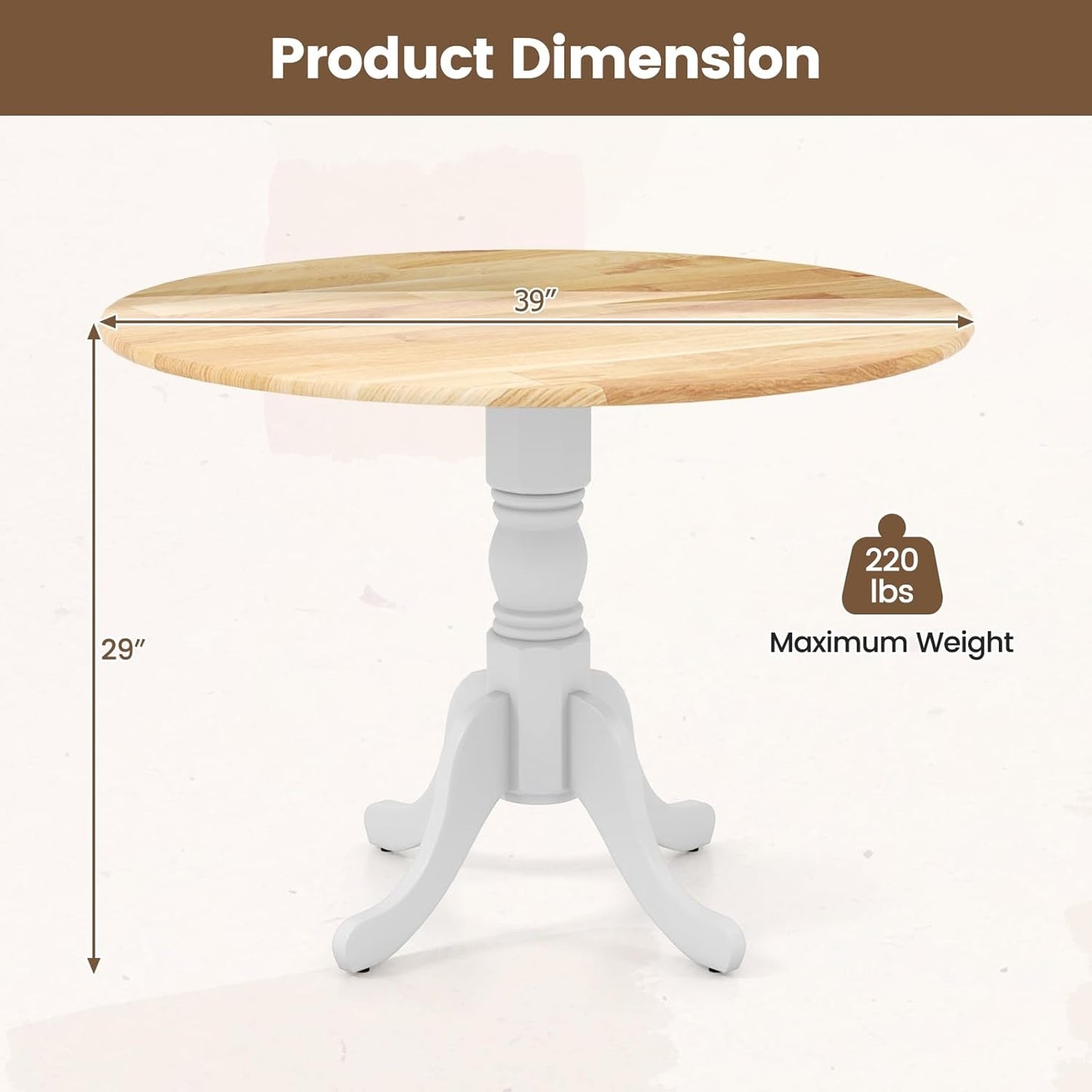 COSTWAY Round Dining Table for 4, 39-inch Wooden Kitchen Table With Solid Rubber Wood Frame, Curved Trestle Legs, Adjustable Foot Pads, Mid Century Rustic Dinning Table for Living Room (Natural+White)
