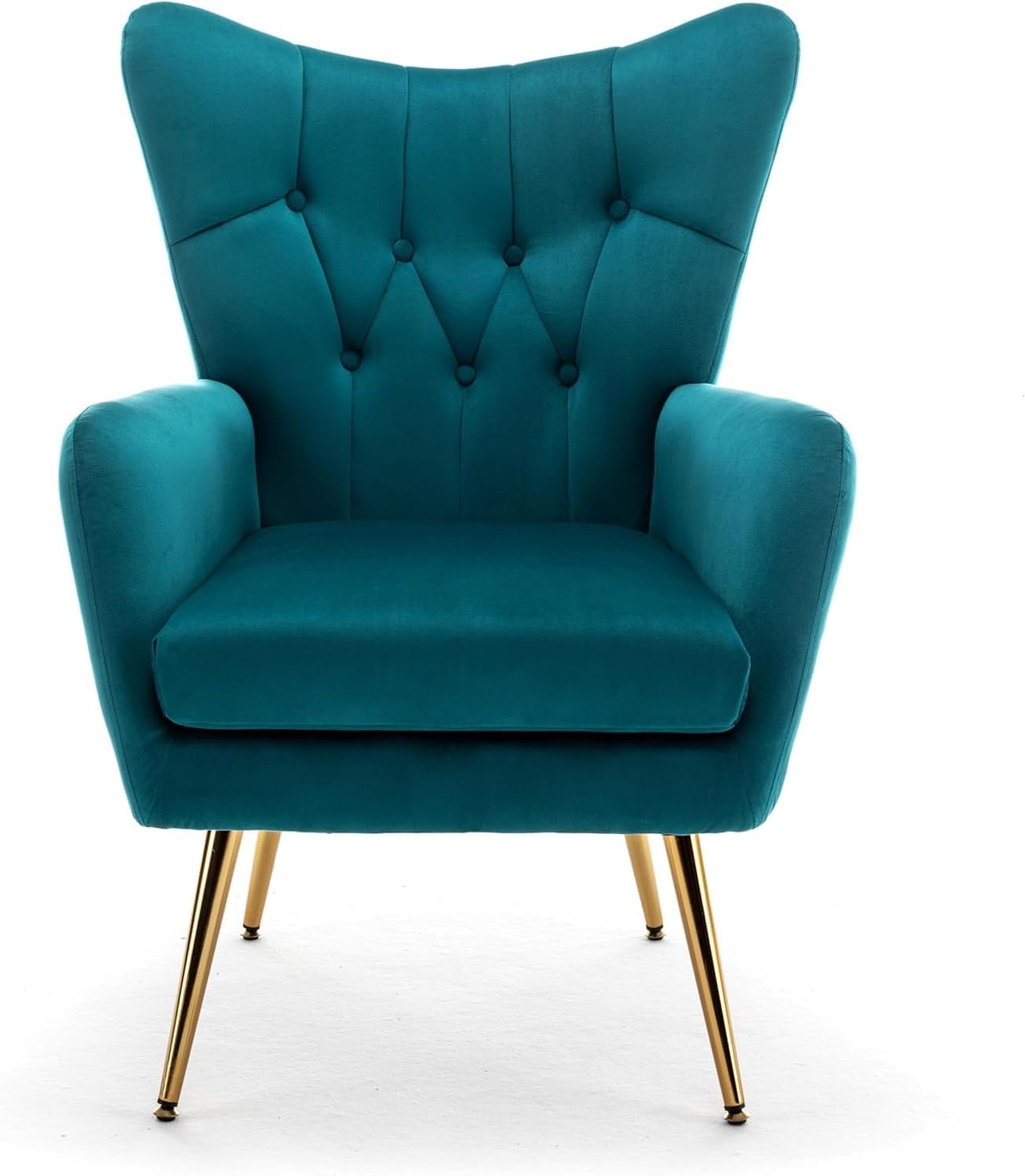 Container Furniture Direct Modern Chic Mid-Century Velvet Accent Armchair for Living Room, Bedroom, or Home Office, Button-Tufted Wingback Design with Gold Flared Legs, Dark Teal